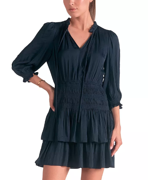 3/4 Sleeve Smock Waisted Mini Dress