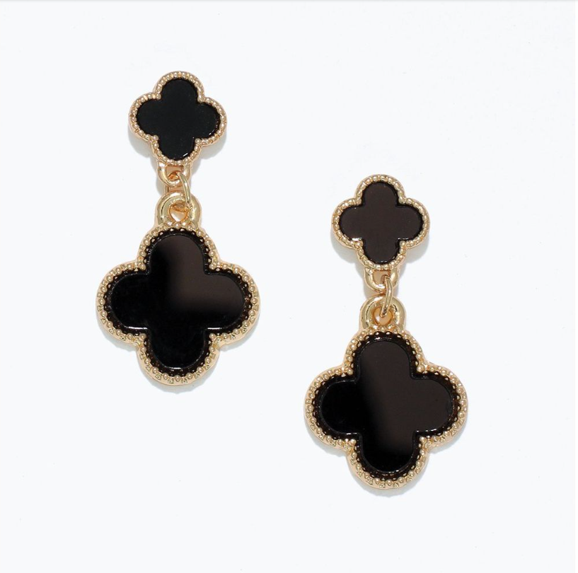 Earrings - Black Double Clover in Gold