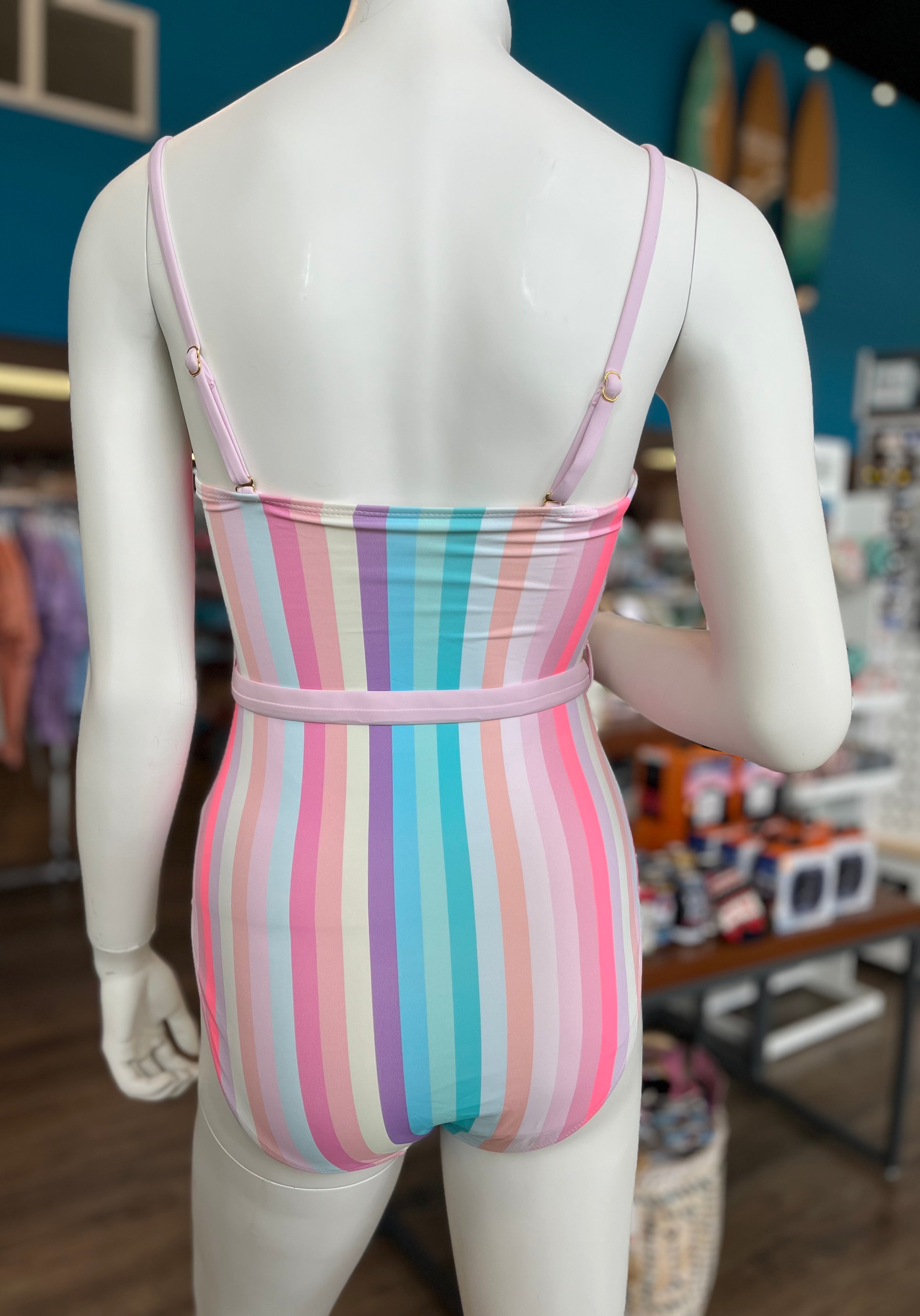 Striped Belted Detail One Piece Swimsuit