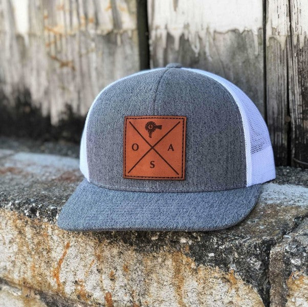 Cross Leather Patch Trucker Hat - Grey Heather