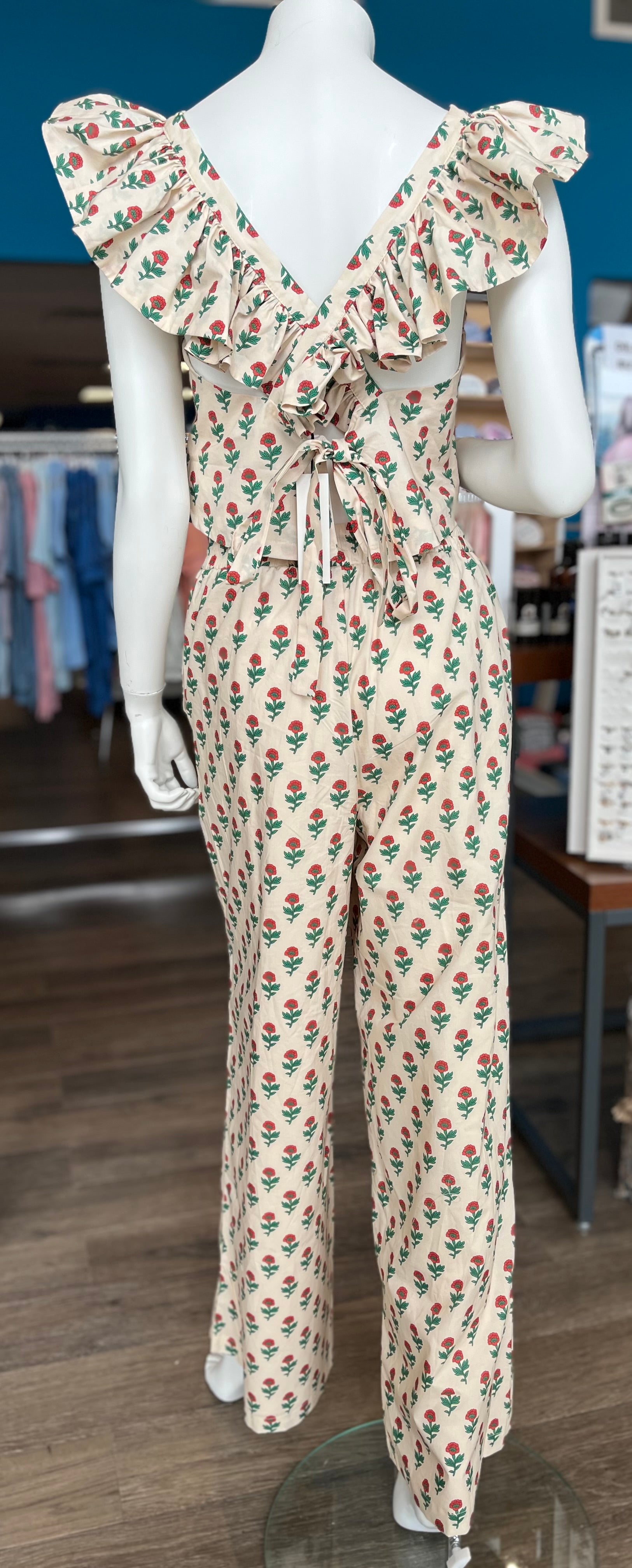 Floral Printed Ruffle Top & Drawstring Pants Set