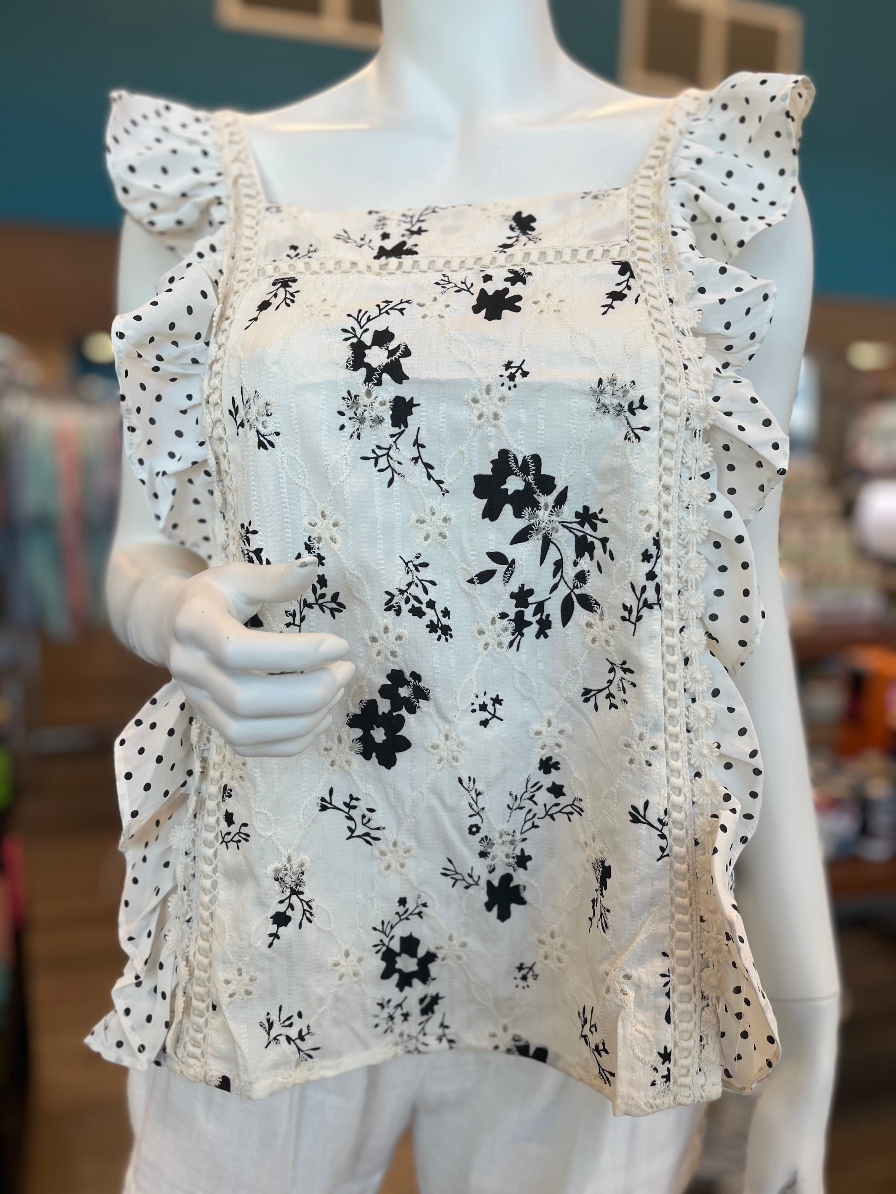 Eyelet Square Neck Ruffle Sleeve Top