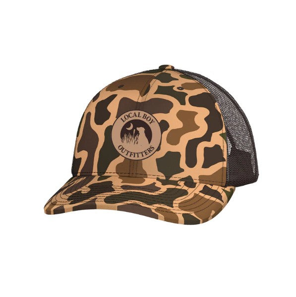 Youth Leather Patch Trucker Hat - Old School Camo