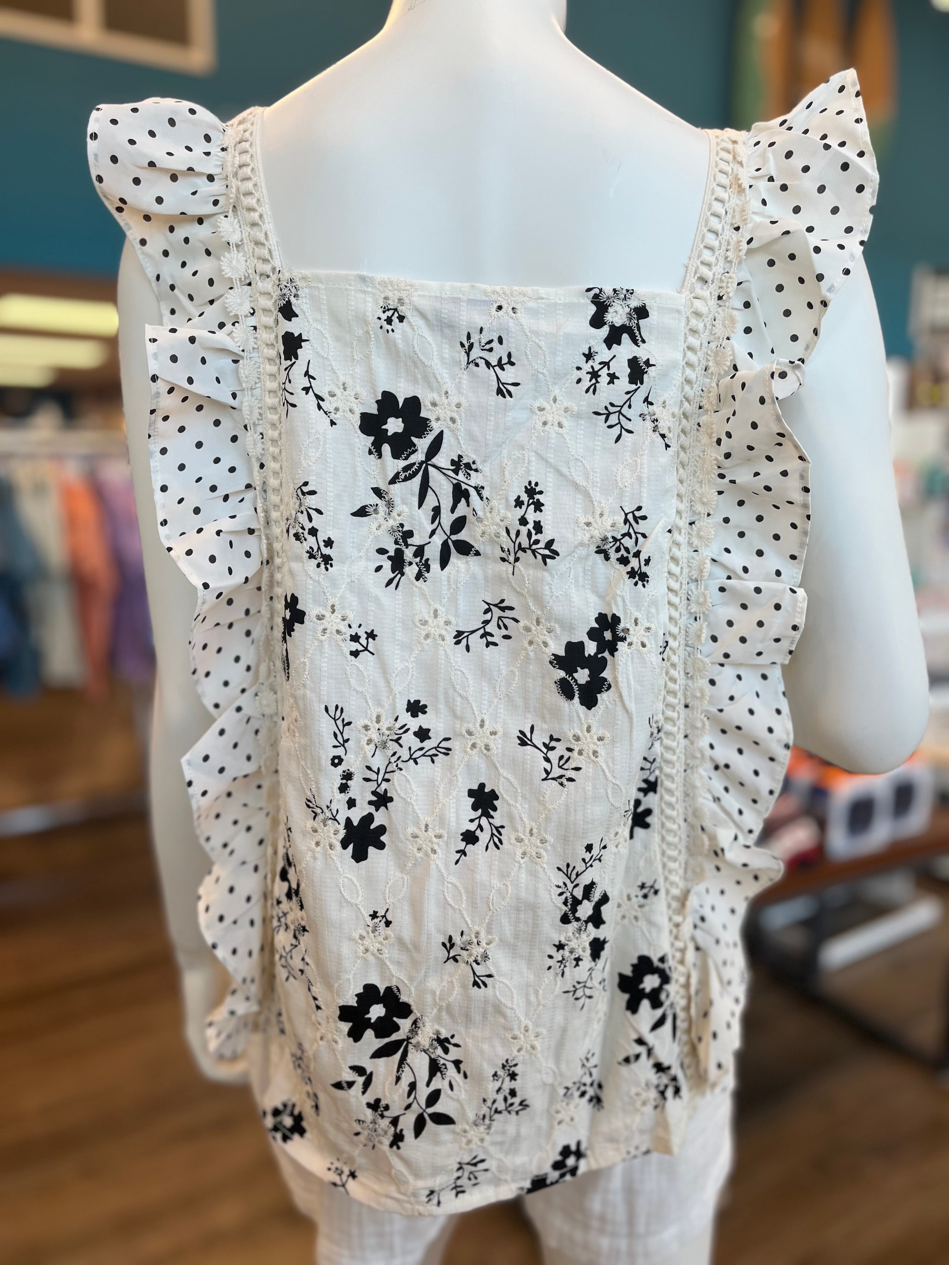 Eyelet Square Neck Ruffle Sleeve Top