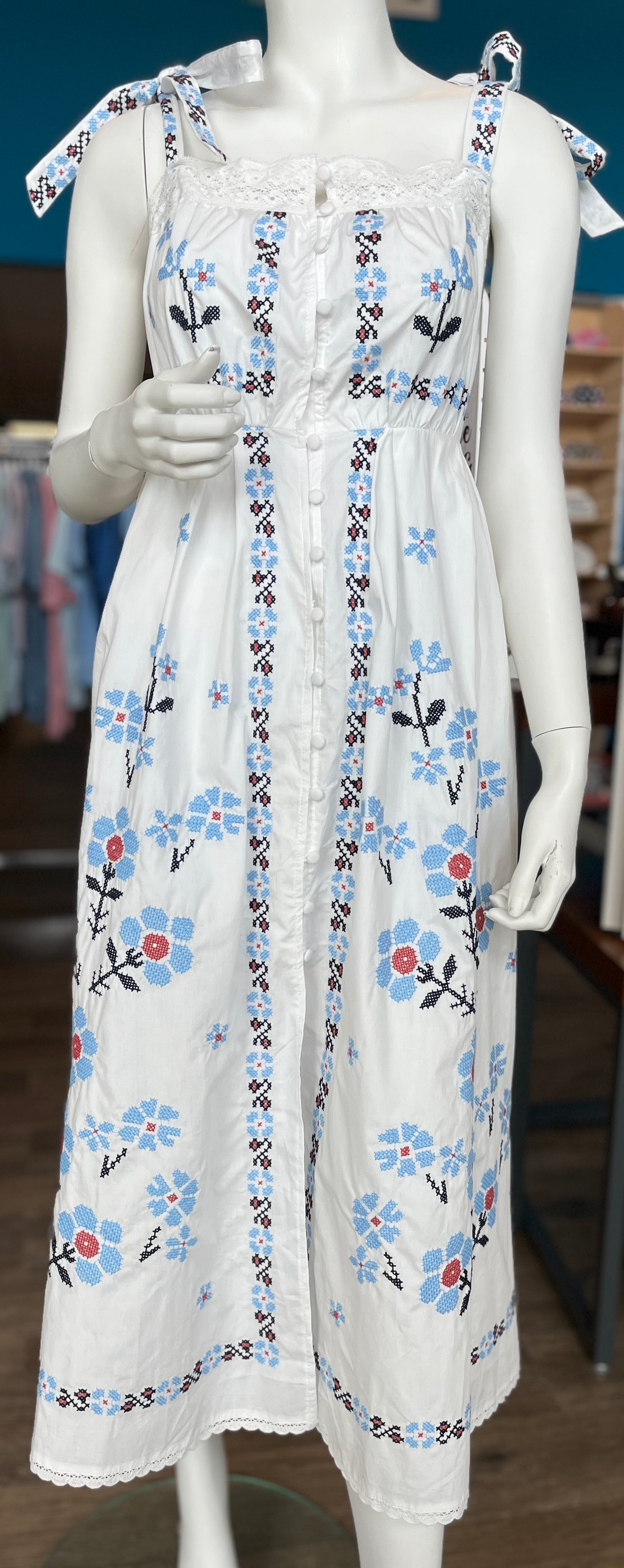 Embroidered Shoulder Strap Midi Dress