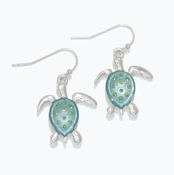 Earrings - Silver/Mint Turtles w/ Crystals