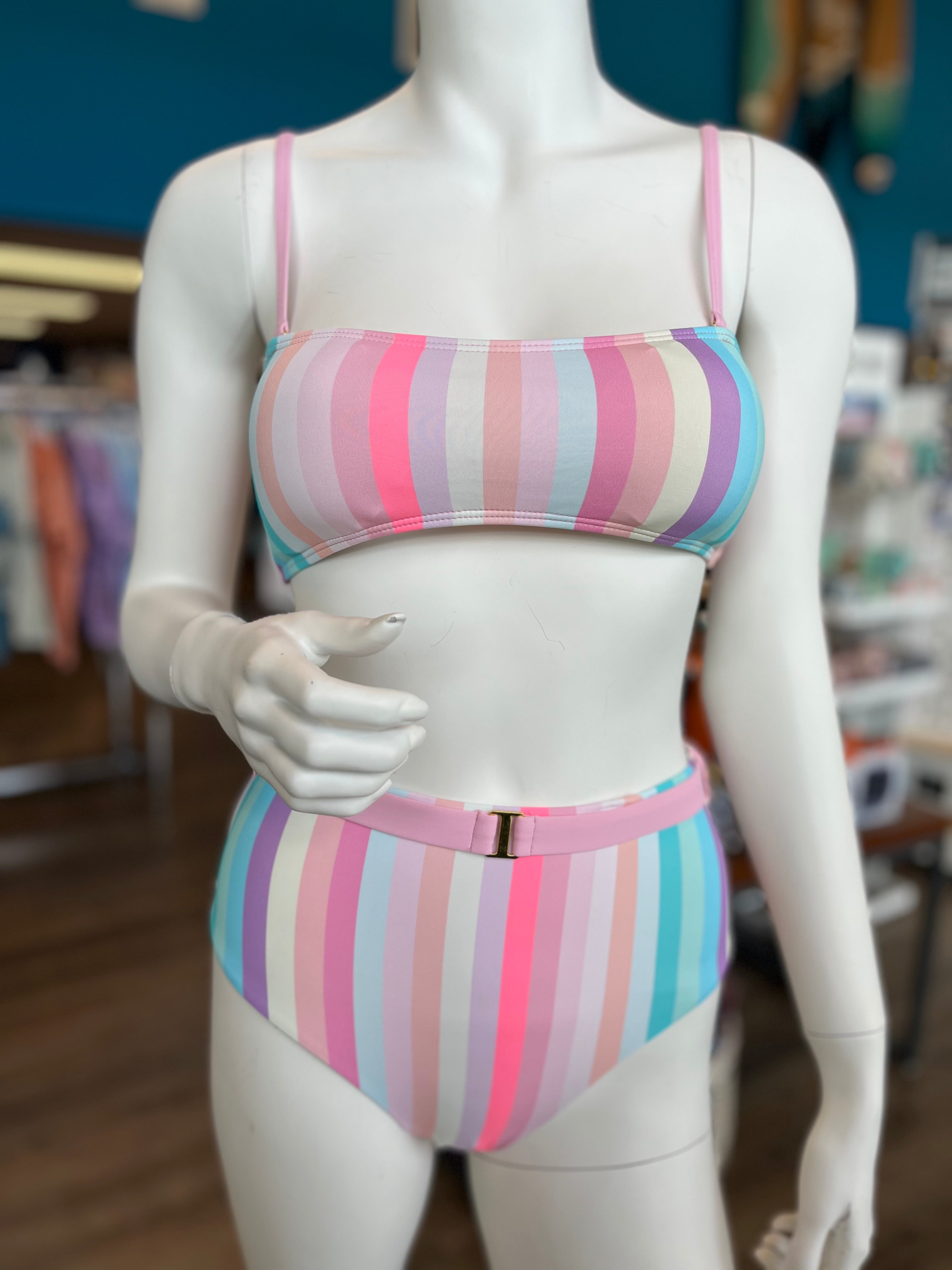 Striped Bandeau Belted Bikini Set