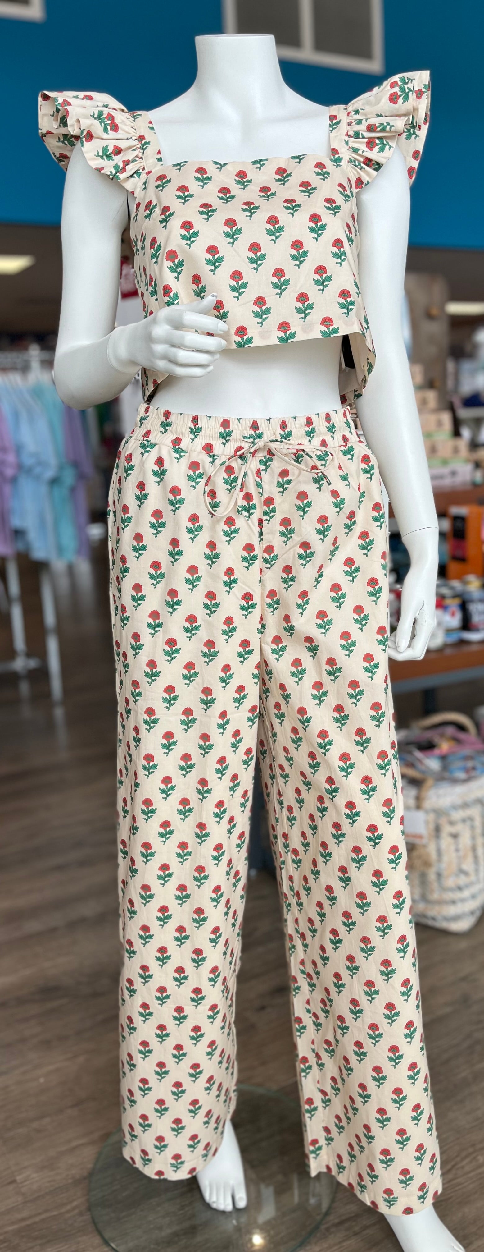 Floral Printed Ruffle Top & Drawstring Pants Set