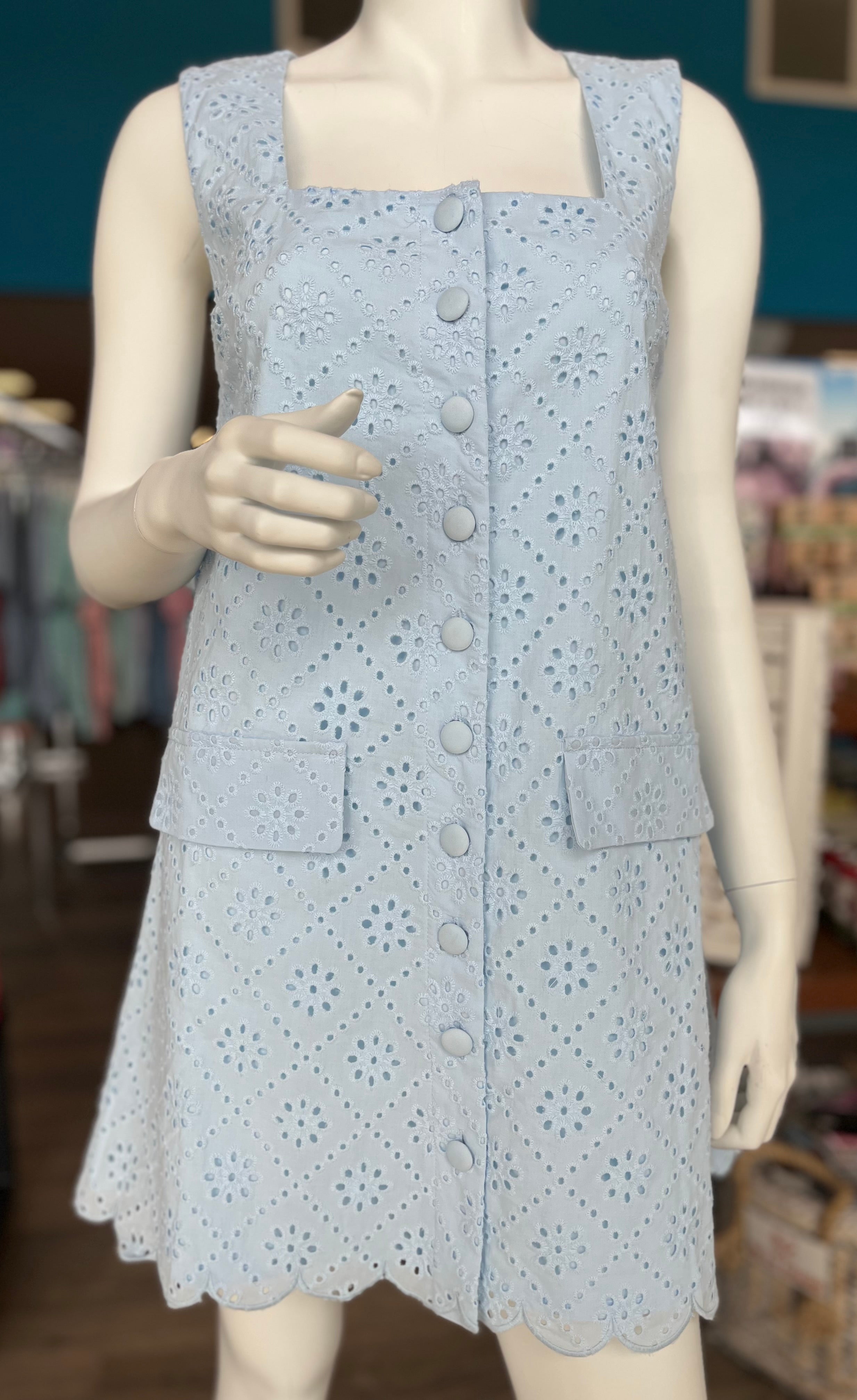 Eyelet Lace Square Neck Mini Dress