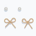 Earrings - Duo Pearls + Gold Rope Bow
