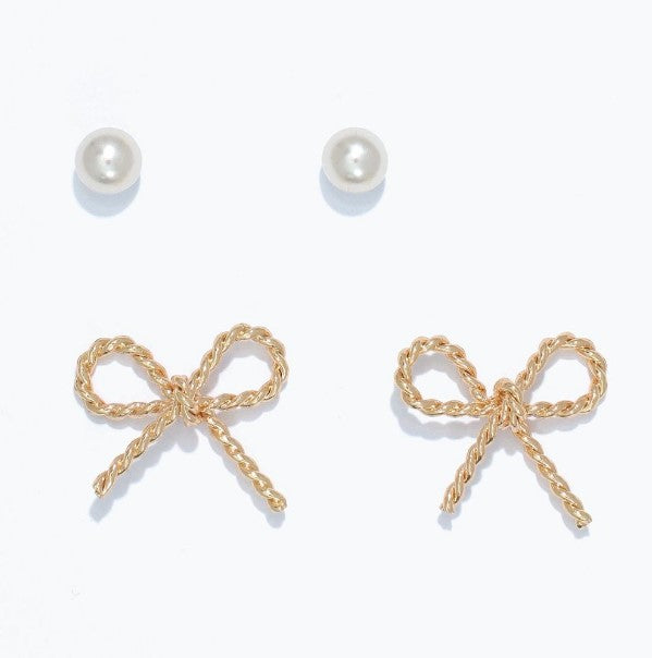 Earrings - Duo Pearls + Gold Rope Bow