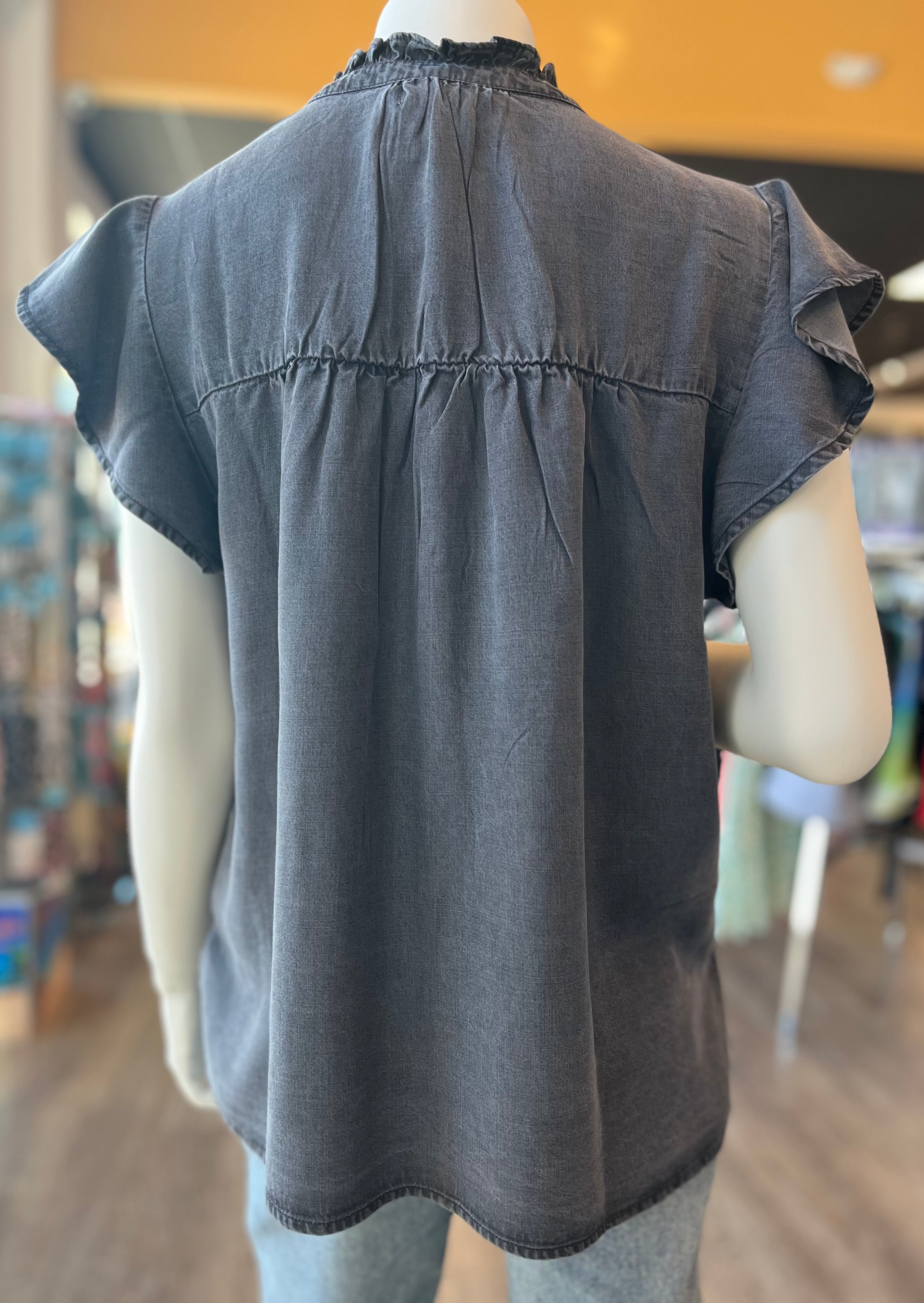 Ruffle Sleeveless Button Down Top