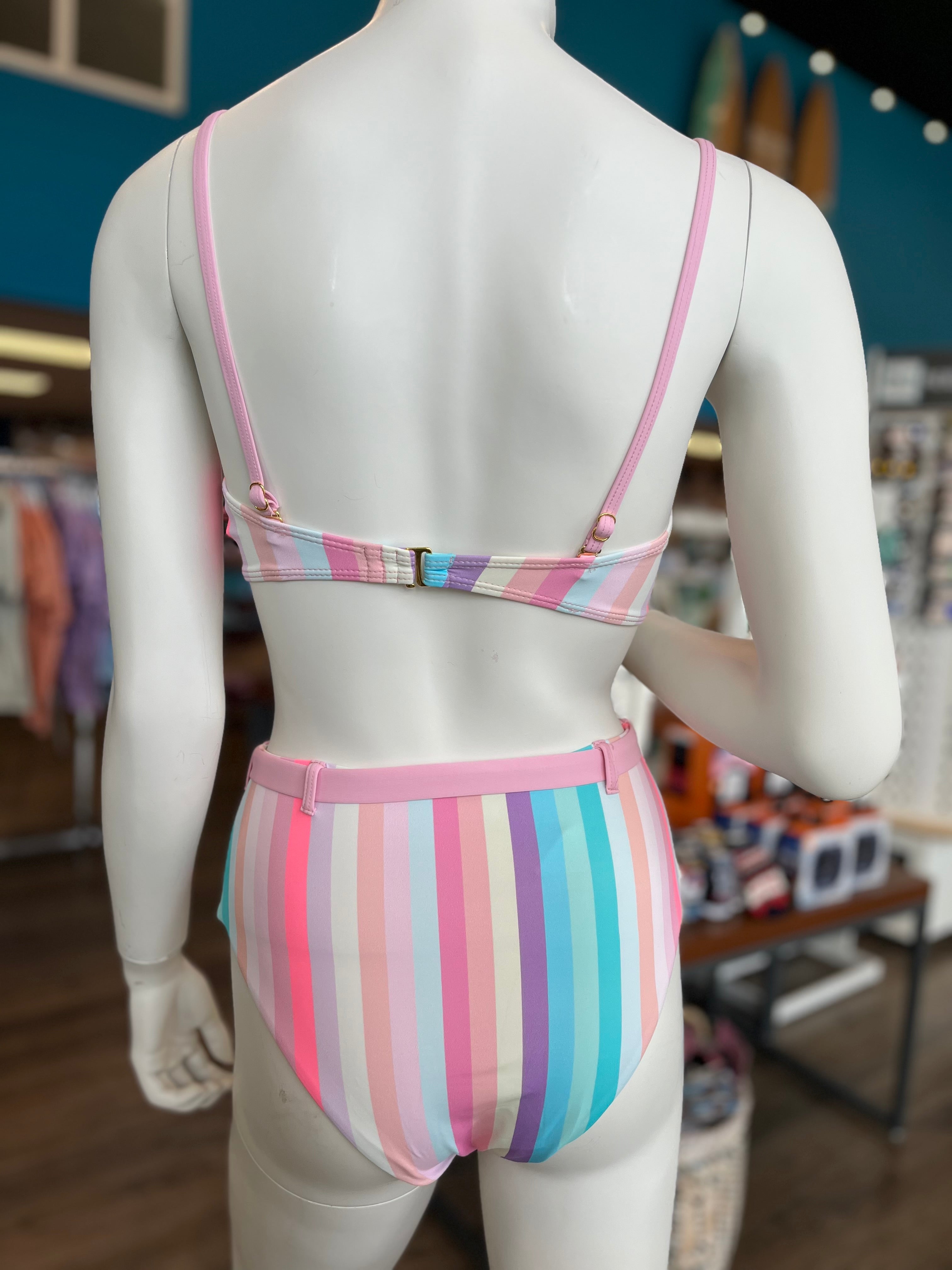 Striped Bandeau Belted Bikini Set